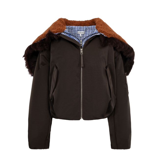Image 1 of 3 - BROWN - Loewe Men's Double-Layer Technical Shell Jacket is crafted from lightweight technical polyamide and features a double-layer construction with dual hoods and a gingham-check backing. Designed in a relaxed fit with a regular length, it is finished with a split-zip hood with shearling lining and wired trim, a double-zip front closure, elasticated cuffs, a drawstring waist, and a utility sleeve pocket with a leather Puzzle puller. Snap welt pockets, interior jet pockets, and a full lining