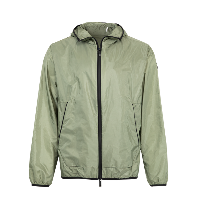Image 1 of 3 - GREEN - MONCLER Granier Hooded Windbreaker featuring nylon technique lining, adjustable hood, zip closure, zipped pockets, adjustable cuffs, elastic hem, reflective logo print and silicone logo patch. 100% polyamide/nylon. Made in Moldova.