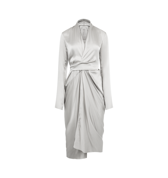 Image 1 of 2 - SILVER - RICK OWENS Wrap Midi Dress featuring wrap construction, shawl collar, plunging Y-neck, self-tie closure, central slit at front hem and unlined. 53% viscose, 47% acetate. Made in Italy.