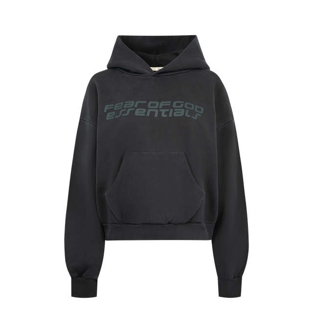 Image 1 of 2 - BLACK - FEAR OF GOD ESSENTIALS Classic Hoodie featuring pull-on styling, attached hood, front kangaroo pocket, front and back printed design, cropped fit and heavyweight knit fabric with fleece lining. 100% cotton.