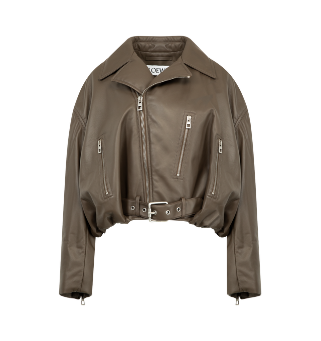 Image 1 of 3 - GREEN - LOEWE Biker Jacket in lightweight nappa lambskin featuring a balloon silhouette with a padded construction, regular fit, short length, zipped front fastening, cuffs and pockets, buckle belt at the hem, fully lined and anagram embossed leather patch placed at the back. Nappa. Made in Italy. This item may be restricted for online purchase to international clients. For assistance purchasing this item please contact our dedicated stylist team at personalshopping@hirshleifers.com.