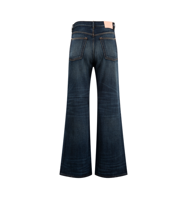 Image 2 of 3 - BLUE - ACNE STUDIOS 2021f Yoyogi Wide Leg Jean featuring button fly closure, 5-pocket styling, intentional whiskering and fading, leather logo patch at back and rigid denim fabric. 100% cotton. Made in Italy.