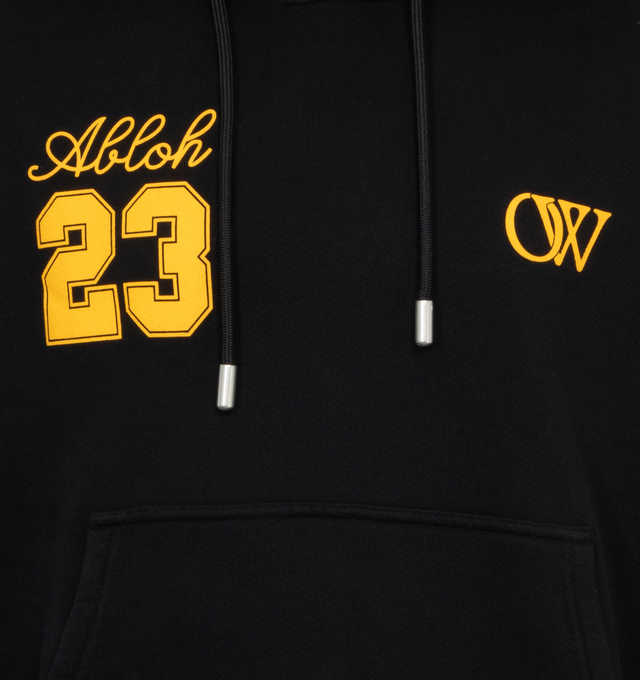 Image 4 of 4 - BLACK - OFF-WHITE OW 23 Skate Hoodie featuring hood with drawstring, ribbed cuffs and hem, front and sleeve logo details and one front kangaroo pocket. 95% cotton, 5% elastane. 