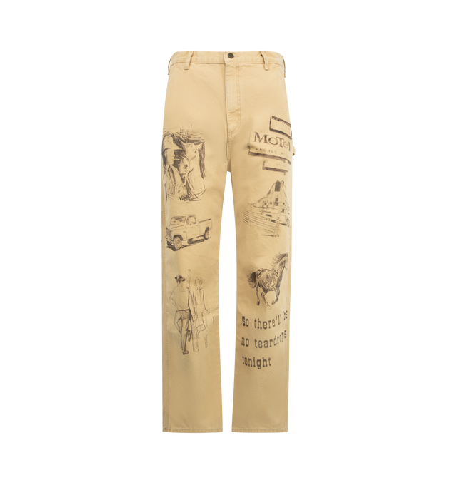 Image 1 of 3 - BROWN - ONE OF THESE DAYS Cotton Graphic Painter Pants featuring cotton-twill painter pants, zip fly with button closure, front slant pockets, back patch pockets, side patch pockets and hammer loop. 100% cotton.