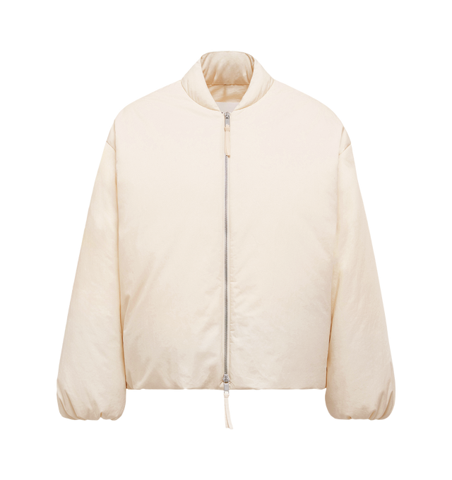 Image 1 of 1 - WHITE - MONCLER GENIUS X JIL SANDER Sodium Down Bomber Jacket featuring cotton lining, nylon sleeves, down-filled, bomber collar, zipper closure, pockets with snap button closure, adjustable cuffs and hem and detachable metal logo pin. 100% cotton. Padding: 90% down, 10% feather.