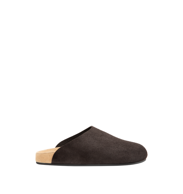 Image 1 of 4 - BROWN - THE ROW Hudson Two Slip On Mule featuring relaxed slip-on shoe in natural calfskin suede with round toe, contoured footbed, and durable rubber sole. 100% calfskin leather. Made in Italy.