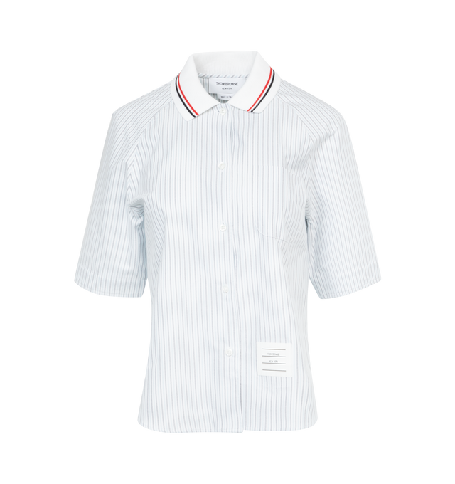 Image 1 of 3 - BLUE - Thom Browne cropped cotton shirt with short sleeves, classic ribbed collar, front button closure, slit pocket on front, iconic brand logo patch applied on front, striped pattern. 100% Cotton. 