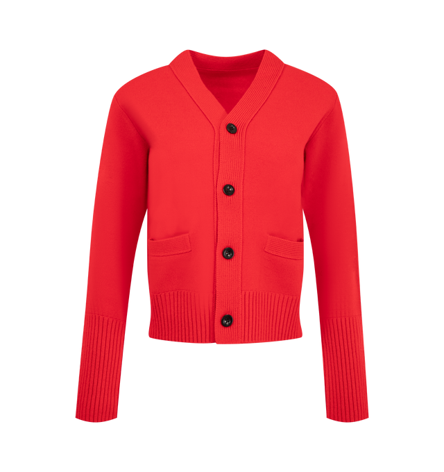 Image 1 of 2 - RED - Sacai wool knit cardigan featuring button-front closure, v-neck and front patch pockets. 100% wool. Made in Japan.