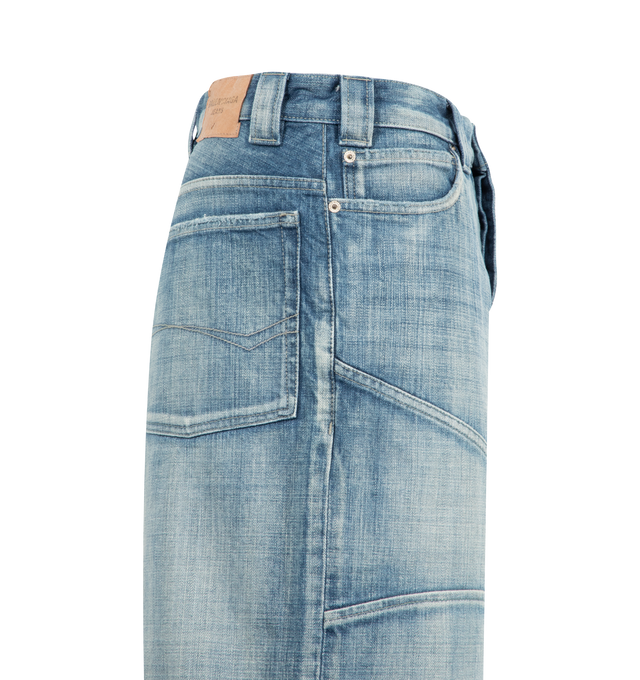 Image 3 of 3 - BLUE - BALENCIAGA Knee Dart Shorts featuring cotton denim, mid-waist, covered button fly, 5 belt loops, 5 pockets, Balenciaga engraved flex buttons, Balenciaga Jeans jacron at back, Raw-cut hem and seams and knee darts. 100% cotton. Made in Italy.