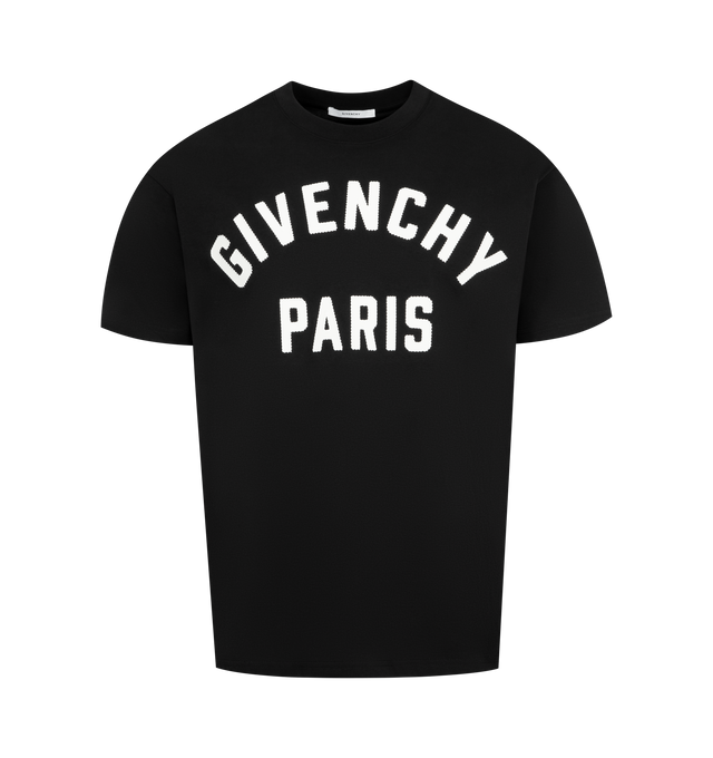 Image 1 of 2 - BLACK - GIVENCHY Logo T-shirt in cotton with GIVENCHY Paris embroidery featuring short-sleeves, crew neck, GIVENCHY Paris gros grain patch with zigzag stitchings embroidered on the front. 100% cotton. Made in Portugal.