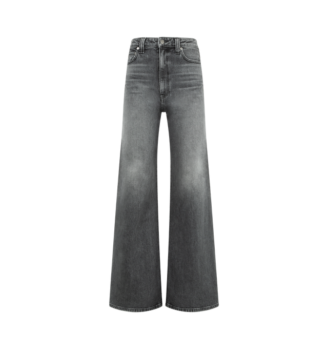 Image 1 of 3 - GREY - KHAITE Dane Jean featuring wide-leg trousers with classic five-pocket styling, high-waisted silhouette and a button of antiqued nickel. 99% cotton, 1% elastane.