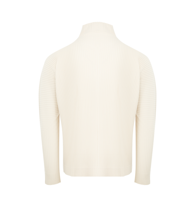 Image 2 of 3 - WHITE - ISSEY MIYAKE March Polo featuring pleated half zip top, high neckline, long sleeves with thumbhole cuffs and a front patch pocket. 100% polyester.