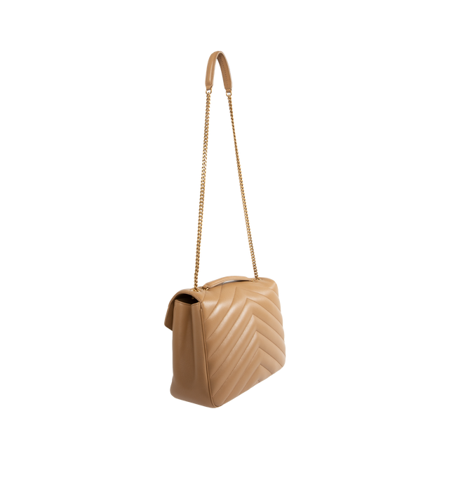 Image 3 of 4 - BROWN - SAINT LAURENT Loulou Large Bag featuring chain bag in soft lambskin with chevron-quilted topstitching, a removable leather pouch and pocket mirror, a sliding chain strap, grosgrain lining, bronze-toned hardware, magnetic snap closure and one flat pocket. 12.6" x 8.7" x 3.9". 90% lambskin, 10% brass. Made in Italy.
