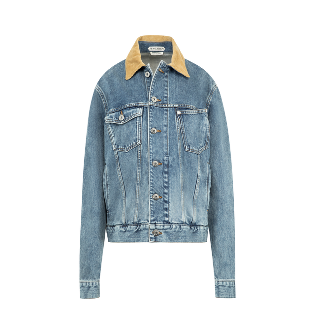 Image 1 of 3 - BLUE - JW ANDERSON Corduroy Collar Jacket featuring a corduroy contrast collar, twisted patch pocket, engraved metal shank buttons and a leather logo patch. 100% cotton. Made in Japan.