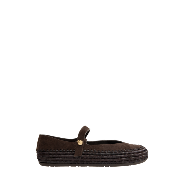 Image 1 of 4 - BROWN - LOEWE PAULA'S IBIZA Rio Mary-Jane in suede and raffia featuring handcrafted raffia embroidery, rounded toe-shape, metallic pebble with an Anagram engraved detail placed on the ankle strap, button snap fastening closure, engraved Anagram on pebble, padded leather insole and anagram embossed rubber outsole. Suede/raffia. Made in Spain.
