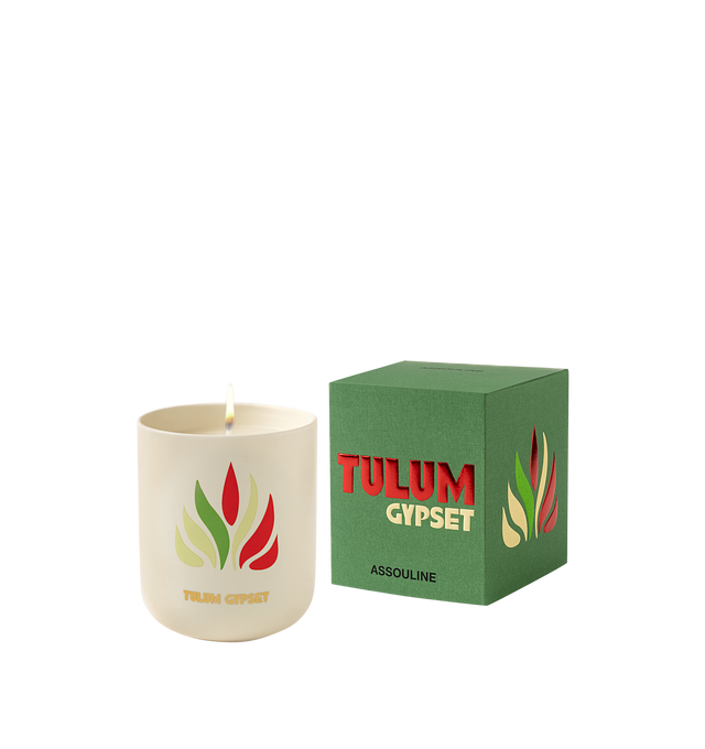 Image 1 of 5 - MULTI - Assouline Tulum Gypset - Travel From Home Candle. The serene Caribbean shores of Tulum embrace earthy aromas of eucalyptus, black amber, sage, and black pepper, harmonizing with the warmth of spicy cardamom for a tranquil ambiance. Material: Ceramic Vessel. Wax Family: Soy, Coco, Paraffin Blend. Approximate Burn Time: 50 Hours. Weight: 11.25 oz (318.02 g). Dimensions: 4 x 3.37 in (10.16 x 8.56 cm).