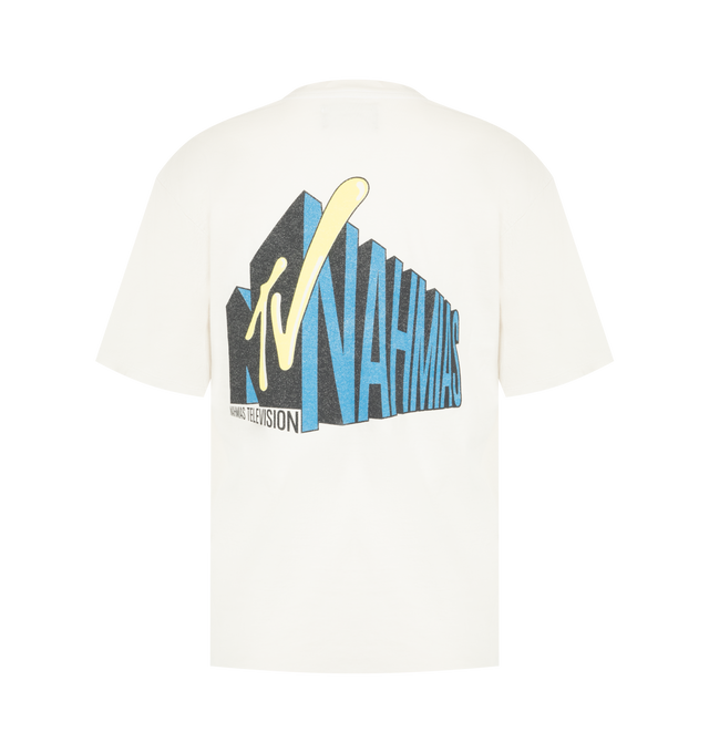 Image 2 of 2 - WHITE - Nahmias Men's TV Boxy T-Shirt is crafted from premium cotton and features a boxy silhouette with a classic crew neckline, short sleeves, and signature TV-inspired graphic artwork. This designer graphic T-shirt combines exceptional everyday comfort with Nahmias' signature luxury streetwear aesthetic, creating a bold statement piece with a relaxed contemporary fit. Main Material: 100% Cotton.