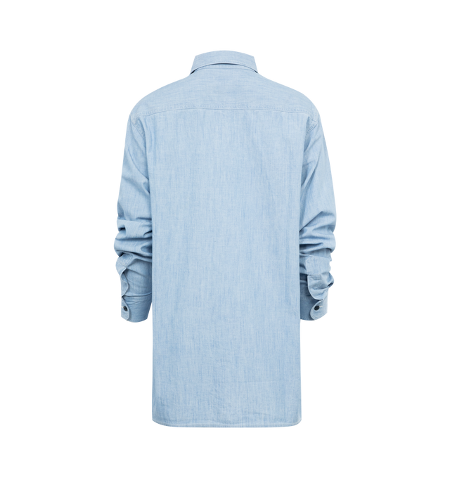 Image 2 of 2 - BLUE - CHIMALA Unisex Selvedge Chambray Work Shirt crafted from 100% cotton light blue chambray in a relaxed, button-down style with buttoned patch pockets, a rounded hem with button cuffs. Made in Japan. 