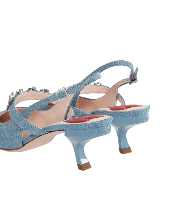 Image 3 of 4 - BLUE - ROGER VIVIER Virgule Flower Slingback Denim Pumps featuring flower accent, pointed toe and slingback adjustable ankle strap. 2.25in heel. Lining: Leather. Leather outsole. Made in Italy. 