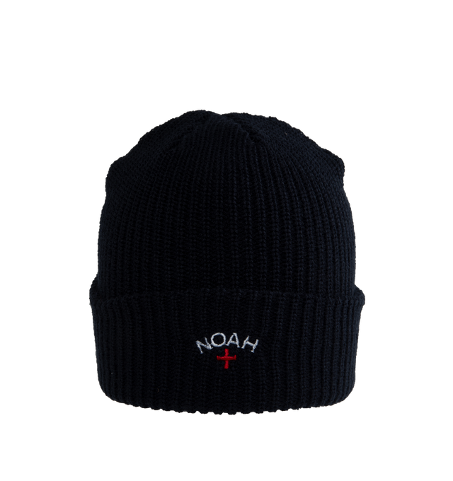 Image 1 of 2 - NAVY - NOAH Core Logo Rib Beanie featuring a foldover cuff detailed with logo embroidery. 100% acrylic. Made in Canada. 