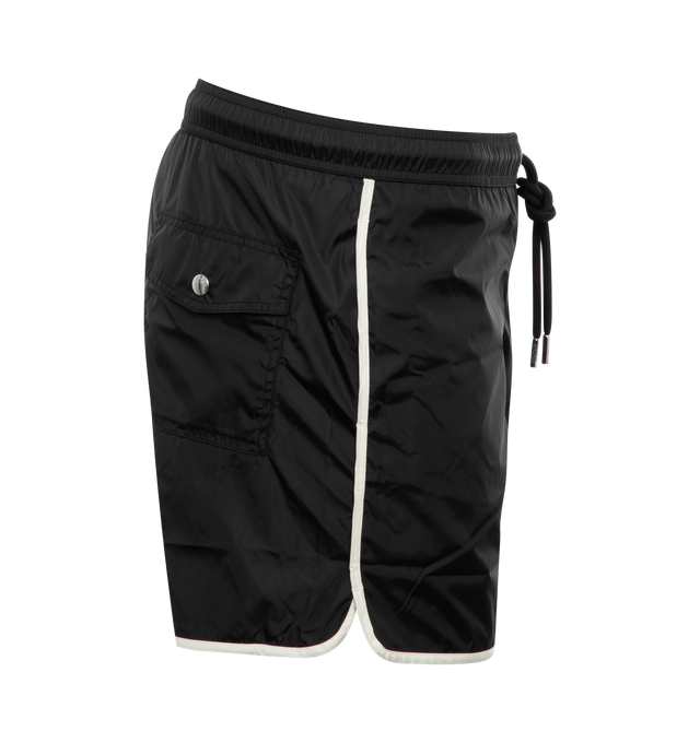 Image 3 of 3 - BLACK - MONCLER Logo Swim Shorts featuring micro mesh lining, waistband with drawstring fastening, side pockets, back pocket and logo patch. Length (from waist to knee): 35 cm. 100% polyamide/nylon. 