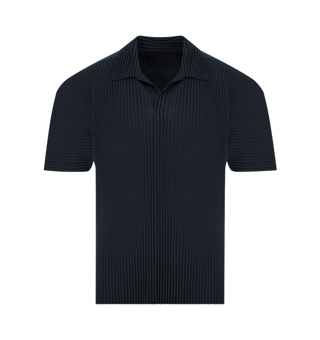 Image 1 of 2 - NAVY - ISSEY MIYAKE Basics Polo Shirt featuring garment-pleated polyester tricot polo, open spread collar and dolman sleeves. 100% polyester. Made in Philippines.