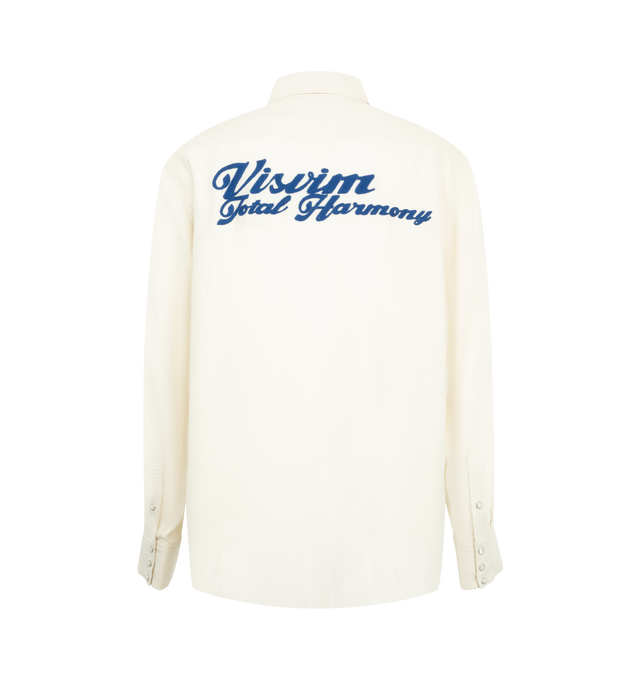 Image 2 of 2 - WHITE - Visvim Four Corners Shirt featuring a custom Rayon Canvas fabric that has undergone a special treatment, a pressed finish, american snap buttons, classic collar, front "Visvim" embroidery details on front and back. . Made in Japan.