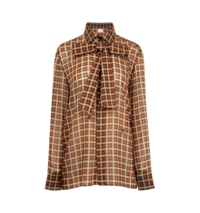 Image 1 of 2 - BROWN - SAINT LAURENT Vichy Silk Shirt featuring semi-sheer loose-fit shirt with a pointed collar and removable tie, drop shoulders, concealed front button closure, one-button mitered cuffs with concealed one-button placket and straight hem. 100% silk. Made in Italy.