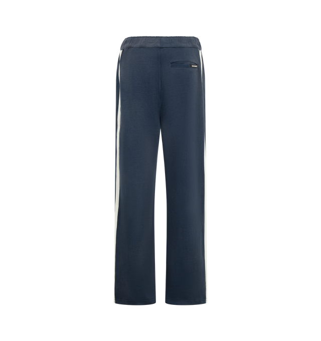 Image 2 of 4 - NAVY - Nahmias Men's Heavy Cotton Track Pant is crafted from cotton and features an elasticized waistband with signature Nahmias drawcords, contrast piping and track stripes along the sides, and zip openings at the hems. Designed and made in Los Angeles, this relaxed track pant combines a worn-in finish with sport-inspired detailing. Main Material: 100% Cotton.
