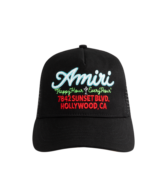 Image 1 of 3 - BLACK - AMIRI Neon Lights Trucker Cap featuring cotton canvas and mesh, embroidered eyelets at crown, logo and text embroidered at face, curved brim, logo patch at back face, snapback fastening and twill lining. 100% cotton. 100% polyester. Made in United States.