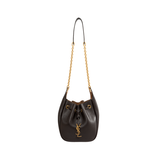 Image 1 of 3 - BLACK - SAINT LAURENT Bucket Bag featuring soft and ruched bucket bag in calfskin leather, signature YSL logo lettering, chain and leather shoulder strap and drawstring closure. 7.1"H x 6.3"W x 3.9"D. Made in Italy.
