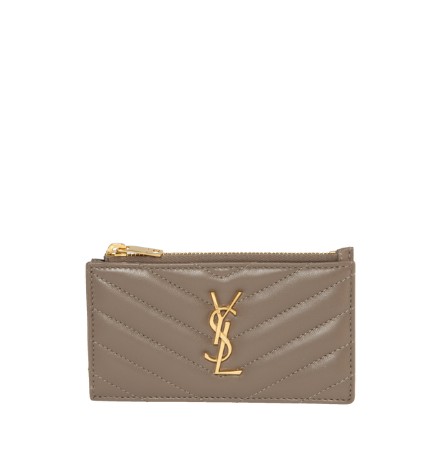 Image 1 of 3 - GREY - SAINT LAURENT Zipped Fragments Credit Card Case featuring overstitching on the front and card slots on the back, zip closure, five card slots and one zip pocket. 5.1" X 3.1" X 0.7". 100% lambskin. Made in Italy.  