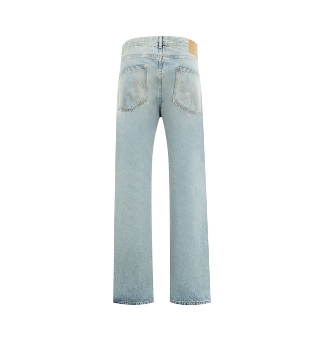 Image 2 of 3 - BLUE - ENFANTS RICHES DEPRIMES Flare Jeans featuring 13oz Japanese denim, mid rise, 5 pockets style, button fly, belt loops at waist, embossed logo patch at back waistband and distressing throughout. Cotton.