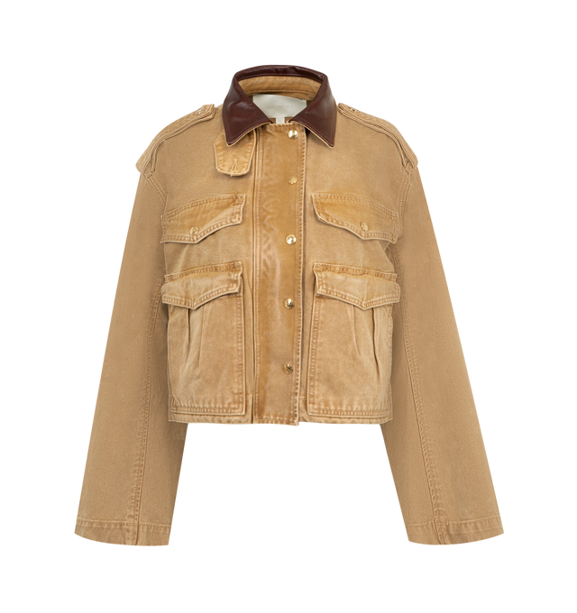 Image 1 of 4 - BROWN - RUADH The Henderson Jacket featuring a swing silhouette, leather collar, signature gold branded RADH hardware details, crafted in regenerative cotton canvas, exaggerated sleeve shape, drop shoulder, two way zipper with branded snap closure and bound seams at interior. 100% regenerative cotton canvas. Made in the USA.