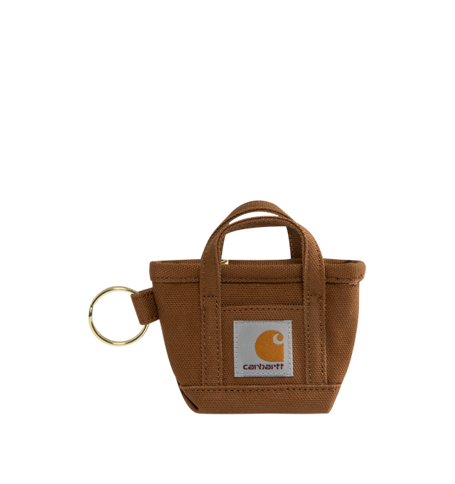 Image 1 of 2 - BROWN - CARHARTT WIP Mini Tote Bag Keychain featuring a heavy cotton canvas, closed with a zipper and equipped with a metal key ring. 100% cotton.