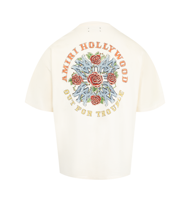 Image 2 of 2 - WHITE - AMIRI Crystal Out for Trouble T-shirt featuring cotton jersey, oversized fit, rib-knit crewneck, short sleeves, logo and graphic printed at chest and graphic printed at back. 100% cotton. Made in Italy.