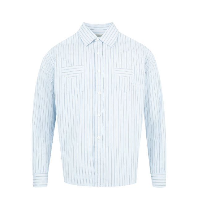 Image 1 of 2 - BLUE - POST O'ALLS Neutron C Shirt featuring button front closure, a wide body, rounded, curved hem, button cuffs, classic collar and two front chest pockets. 100% cotton. Made in Japan.