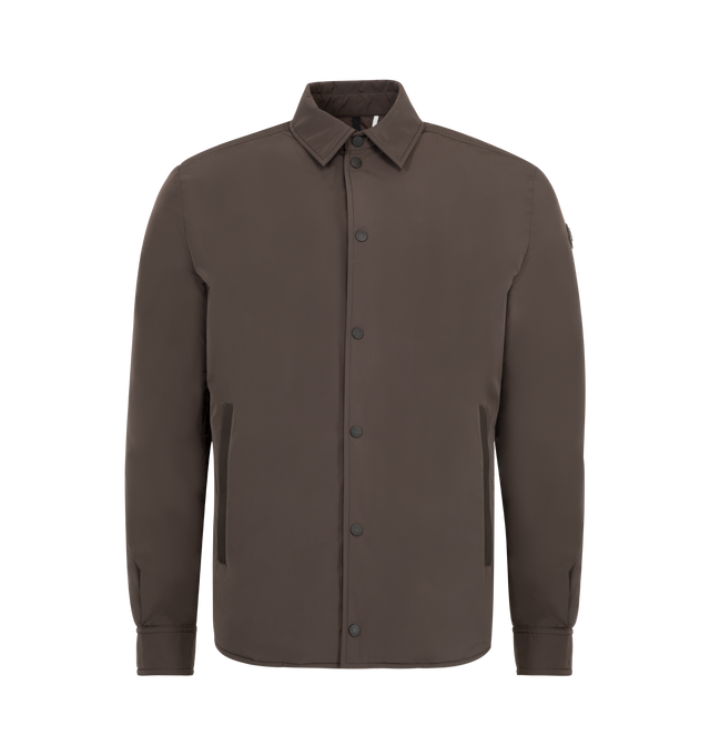 Image 1 of 3 - BROWN - MONCLER Gascogne Down Shirt Jacket featuring water-repellent main fabric, Airsoft lining, down-filled, zip and snap button closure, zipped pockets with nubuck trim, zipped inner and patch pockets, adjustable cuffs, fabric description label and leather logo patch. 100% polyester. Padding: 90% down, 10% feather. Made in Romania.