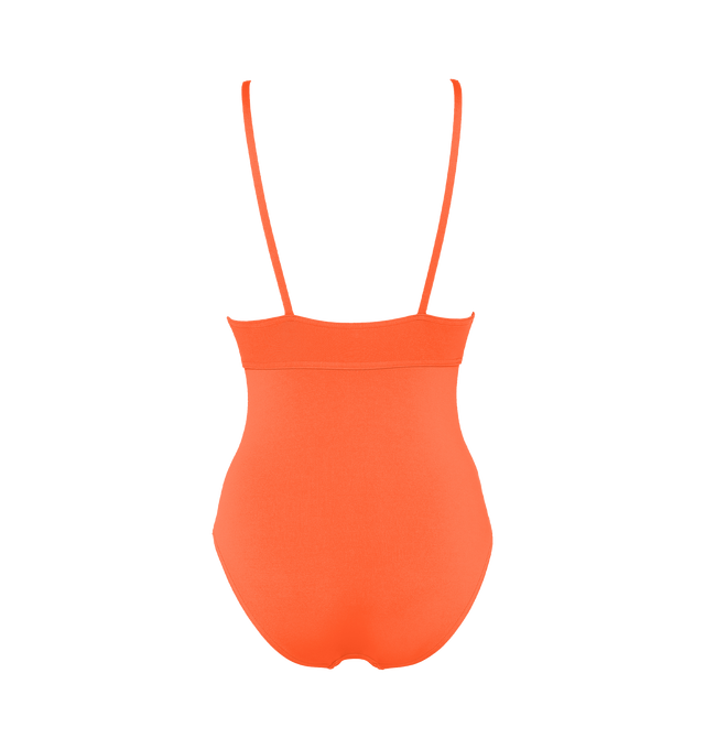 Image 2 of 6 - ORANGE - ERES Larcin One-Piece Triangle Swimsuit featuring thin straps, V-neckline and underbust seam. 84% Polyamid, 16% Spandex. Made in France. 