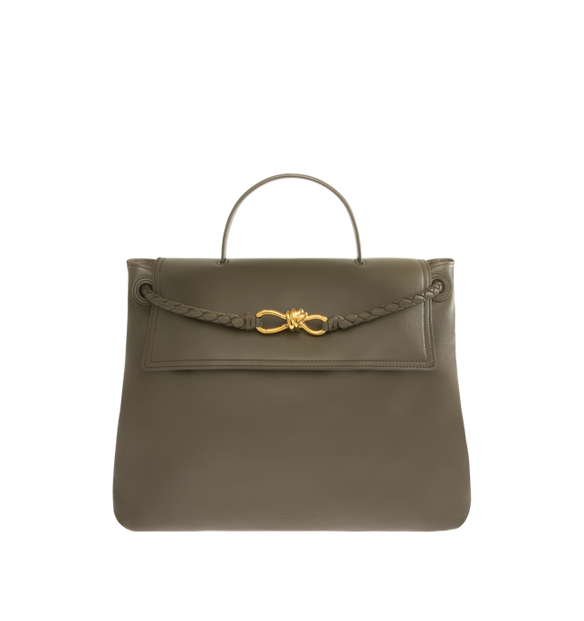 Image 1 of 4 - GREEN - BOTTEGA VENETA Large Ciao Ciao Bag featuring top handle, silky calf leather with two-way flap and signature knot detail, a hidden hook closure, allowing the flap to be closed in the front or attached to the interior Intrecciato pocket, sliding shoulder carry strap, adjustable and detachable cross-body strap and compartmented interior with one zipped pocket. Calfskin. Lining: bonded suede. 32cm x 41.5cm x 14.5cm. Made in Italy.