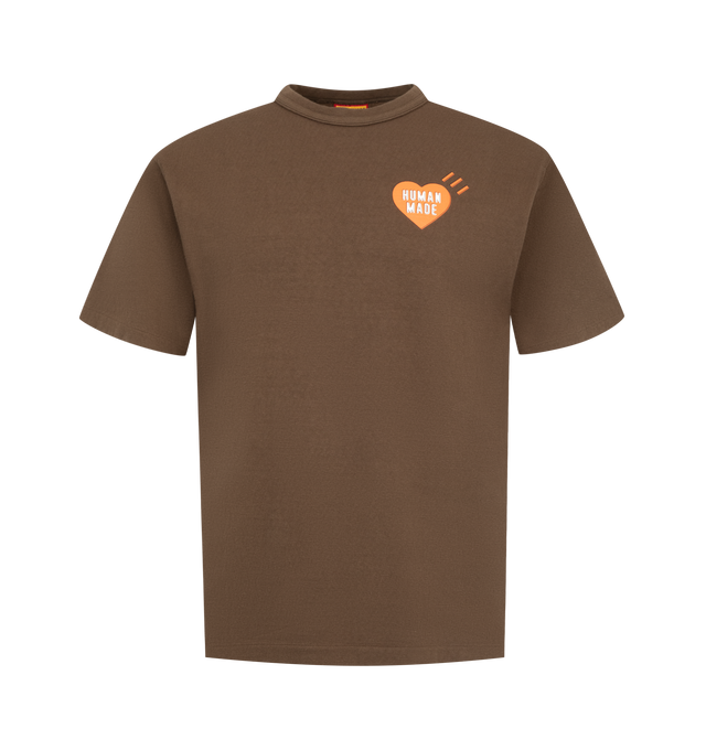 Image 1 of 2 - BROWN - Human Made Cotton Graphic T-Shirt features a classic crewneck silhouette with short sleeves and a small heart logo graphic at the left chest. Main material: Cotton.