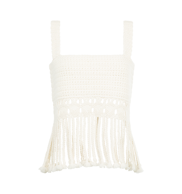Image 1 of 2 - WHITE - GABRIELA HEARST Lilea Fringe Crochet Top featuring hand-crochet, fringed hem hand knit in macrame pattern, square neck and cropped fit. 70% wool, 30% cashmere.