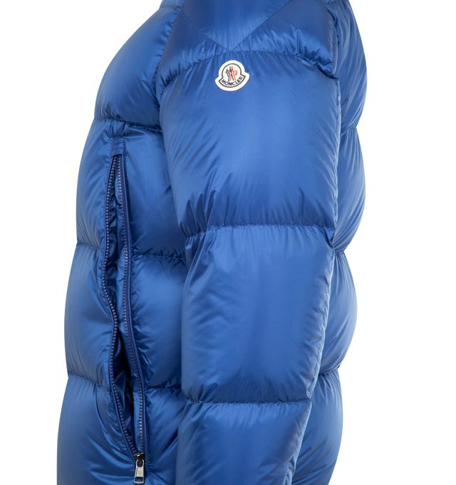 Image 3 of 3 - BLUE - MONCLER Rivau Jacket featuring attached hood with drawcord, long sleeves with elasticized cuffs, front zip closure, two front zip pockets and logo patch at left shoulder. 100% polyamide/nylon.