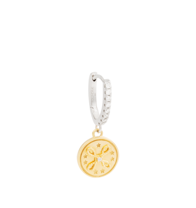 Image 2 of 2 - GOLD - FOUNDRAE True Love Miniature Medallion Earring featuring 18k yellow gold, diamond weight: 0.0798 ct, ear hoop measures 11.2 mm in height, True Love mini medallion measures 10 mm in diameter, hinge closure, sold individually and 18k white gold is plated with rhodium to maintain its brilliance. For personal consultation and detailed information about jewelry, please contact our dedicated stylist team at personalshopping@hirshleifers.com.