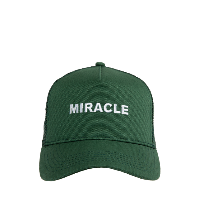 Image 1 of 2 - GREEN - NAHMIAS X HIRSHLEIFERS "Miracle" Trucker hat featuring mesh back, adjustable size and Hirshleifers logo embroidery at the back.