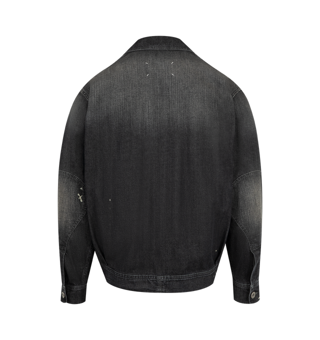 Image 2 of 2 - BLACK - MAISON MARGIELA Distressed Denim Jacket featuring fading and paint splatter throughout, spread collar, button closure, flap pockets, pleats at front and back waistband, button at hem, elbow patches, buttoned cuffs, white stitching at back collar and antiqued silver-tone hardware. 100% cotton. Made in Italy.