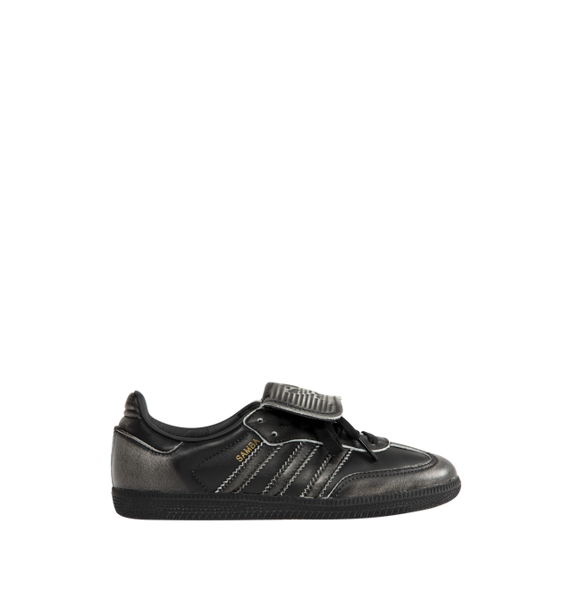 Image 1 of 5 - BLACK - ADIDAS Samba Long Tongue Sneaker featuring a smooth leather upper that reveals a distressed look, elongated tongue, regular fit, lace closure, leather upper, synthetic lining and rubber outsole.