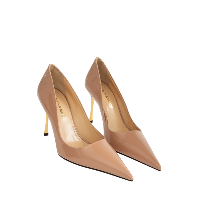 Image 2 of 4 - NEUTRAL - Mach & Mach Women's Supernova Gold Heel Pump is crafted from glossy patent leather and features an elegant pointed-toe silhouette with a 95mm heel. Designed with a gold heel design for a refined statement. Main Material: Patent Leather. Made in Italy.