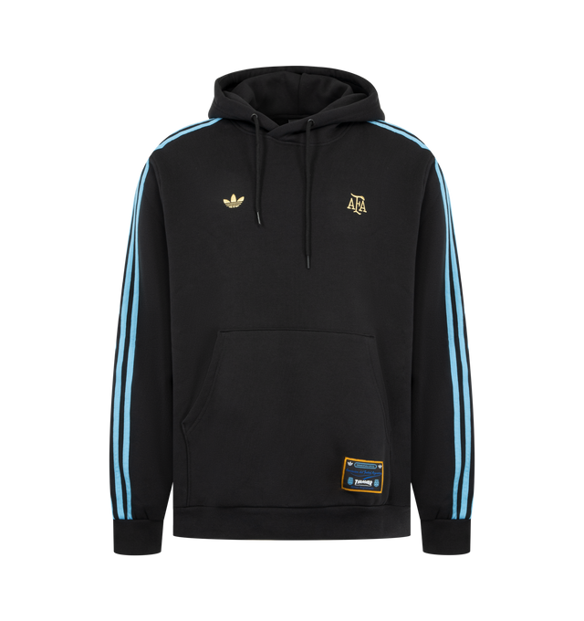 Image 1 of 3 - BLACK - ADIDAS x Thrasher x Argentina Hoodie featuring knit fleece fabric, relaxed loose fit, drawstring hood, kangaroo pocket, stripes down sleeve and logos throughout. 82% cotton, 18% polyester. Made in Vietnam.