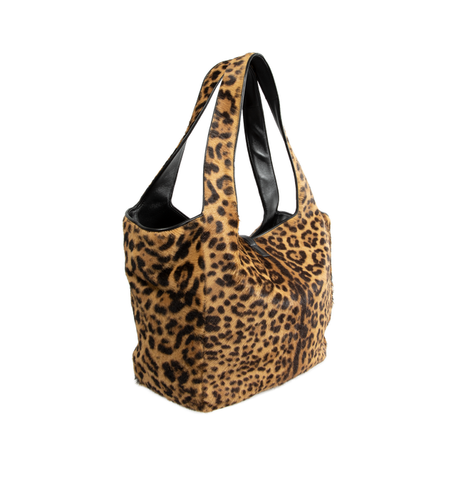 Image 2 of 3 - BROWN - SAINT LAURENT LE 5 7 Bea Bag featuring supple tote in leopard-print pony hair and nappa leather, lightweight and fully lined in suede, inner zip pocket and leather tab closure decorated with the CASSANDRE, east/west format make it both spacious and functional, while inner ties allow the sides to be collapsed or expanded to create different silhouettes. 19.7" x 11" x 7.1". Handle drop: 11". Calfskin leather.